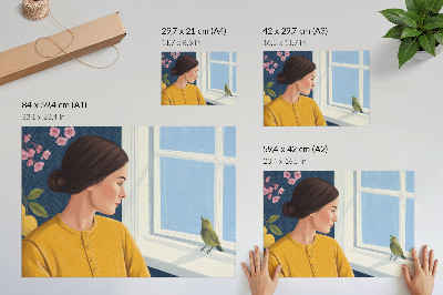 Stijlvolle wandposter Vrouw in een geel shirt met een vogel op de vensterbank.