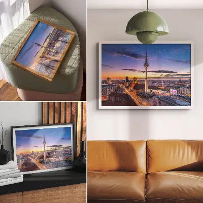 Moderne decoratieve poster stadsgezicht bij zonsondergang