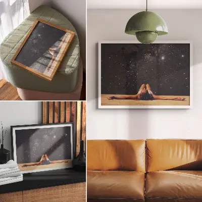 Poster surrealistische figuur onder een sterrenhemel