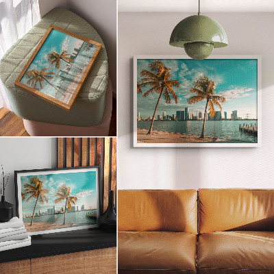 Moderne decoratieve poster Palmbomen, meer, wolkenkrabbers, turkooizen lucht, rust