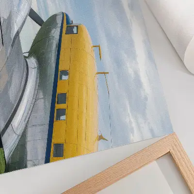 Poster vliegtuig stijlvolle klassieke afbeelding in geel, grijs en blauw