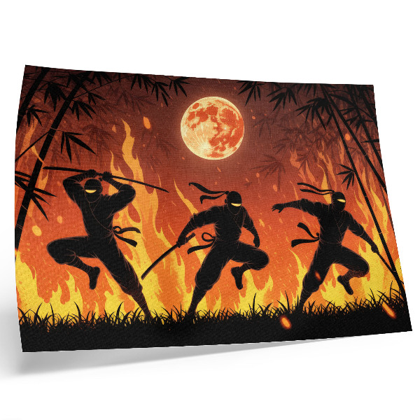 Moderne decoratieve poster Een energieke nachtscène met ninja's en vlammen.