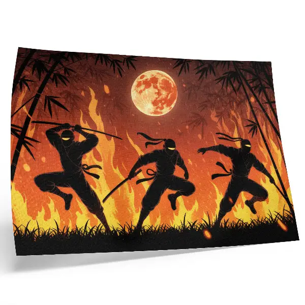 Moderne decoratieve poster met een energieke nachtscène van ninja's en vlammen