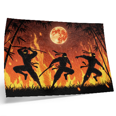 Moderne decoratieve poster Een energieke nachtscène met ninja's en vlammen.