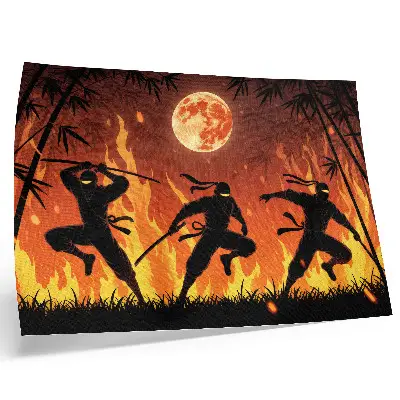 Moderne decoratieve poster met een energieke nachtscène van ninja's en vlammen
