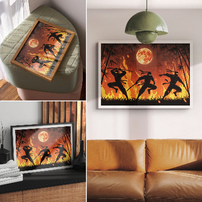 Moderne decoratieve poster Een energieke nachtscène met ninja's en vlammen.