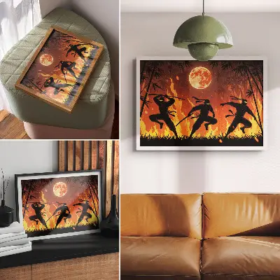 Moderne decoratieve poster met een energieke nachtscène van ninja's en vlammen