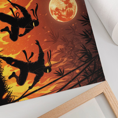 Moderne decoratieve poster Een energieke nachtscène met ninja's en vlammen.