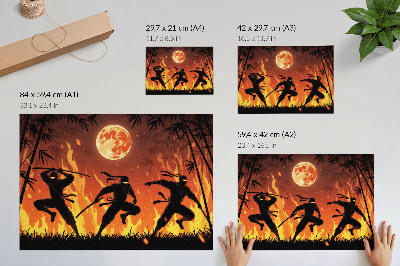 Moderne decoratieve poster Een energieke nachtscène met ninja's en vlammen.