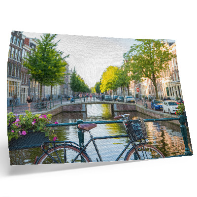 Moderne decoratieve poster Kanaal, brug, bomen, gebouwen, fiets, bloemen