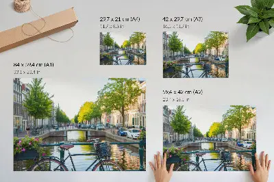 Moderne decoratieve poster met een stadsgezicht van een kanaal met een brug, bomen, gebouwen, een fiets en bloemen