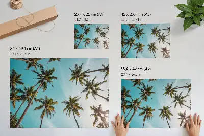 Wandposter palmbomen met een vredige natuurlijke sfeer tegen een blauwe achtergrond