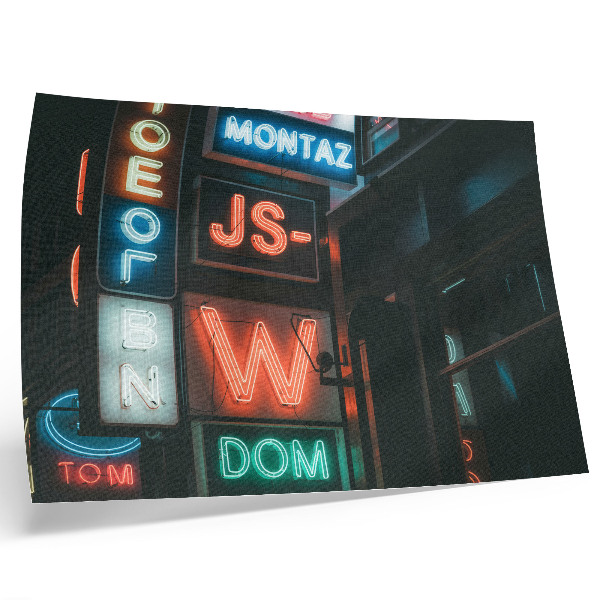 Moderne decoratieve poster Kleurrijke neonreclames, avondlijke sfeer
