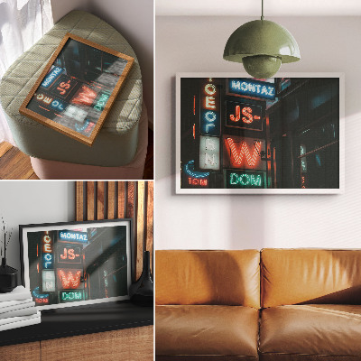 Moderne decoratieve poster Kleurrijke neonreclames, avondlijke sfeer