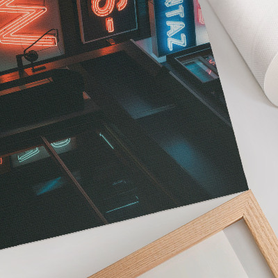 Moderne decoratieve poster Kleurrijke neonreclames, avondlijke sfeer