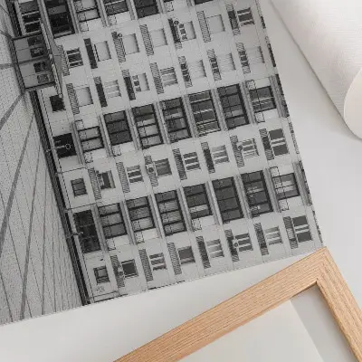 Stijlvolle wandposter modern gebouw met balkons en een plein