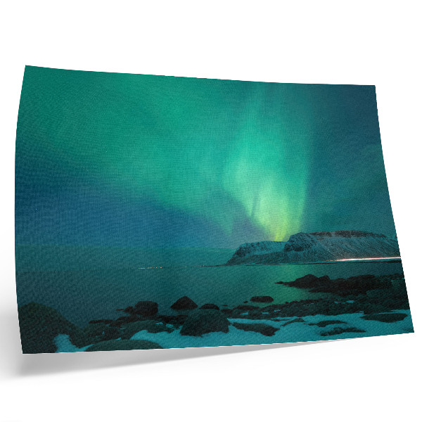 Moderne decoratieve poster Groene aurora, fonkelende lichtjes, kalm oppervlak