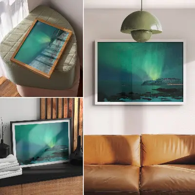 Moderne decoratieve poster met groene aurora, fonkelende lichtjes en een kalm oppervlak