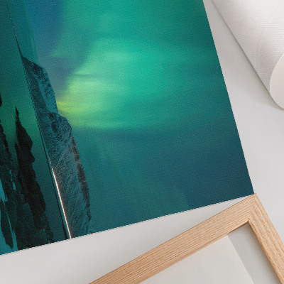 Moderne decoratieve poster Groene aurora, fonkelende lichtjes, kalm oppervlak