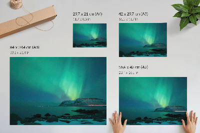Moderne decoratieve poster Groene aurora, fonkelende lichtjes, kalm oppervlak