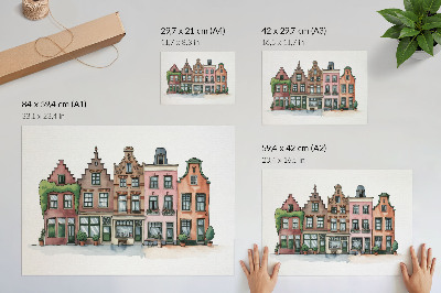 Poster Schilderachtige huizen in pastelkleuren en een illustratieve stijl.