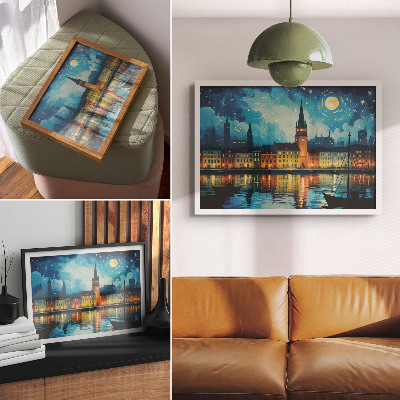 Stijlvolle wandposter Nachtelijke stadsreflecties, gloed van waterlampen