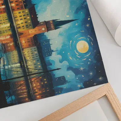 Stijlvolle wandposter nachtelijke stadsreflecties met de gloed van waterlampen