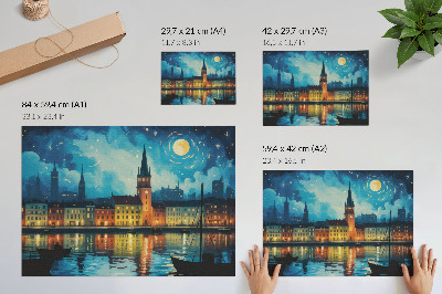 Stijlvolle wandposter Nachtelijke stadsreflecties, gloed van waterlampen