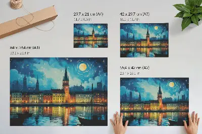 Stijlvolle wandposter nachtelijke stadsreflecties met de gloed van waterlampen