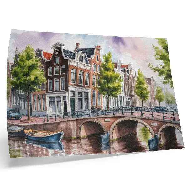 Moderne decoratieve poster charmante huizen aan het kanaal met groene bomen en kalm water
