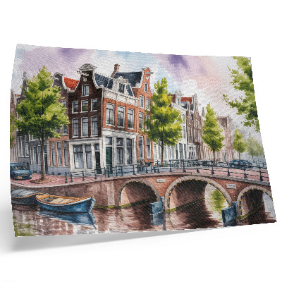 Moderne decoratieve poster Charmante huizen aan het kanaal, groene bomen, kalm water.