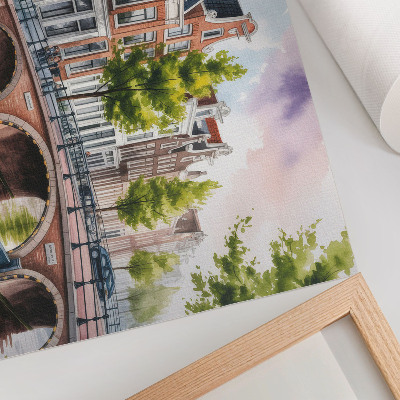 Moderne decoratieve poster Charmante huizen aan het kanaal, groene bomen, kalm water.