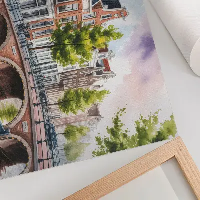Moderne decoratieve poster charmante huizen aan het kanaal met groene bomen en kalm water