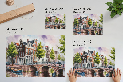 Moderne decoratieve poster Charmante huizen aan het kanaal, groene bomen, kalm water.