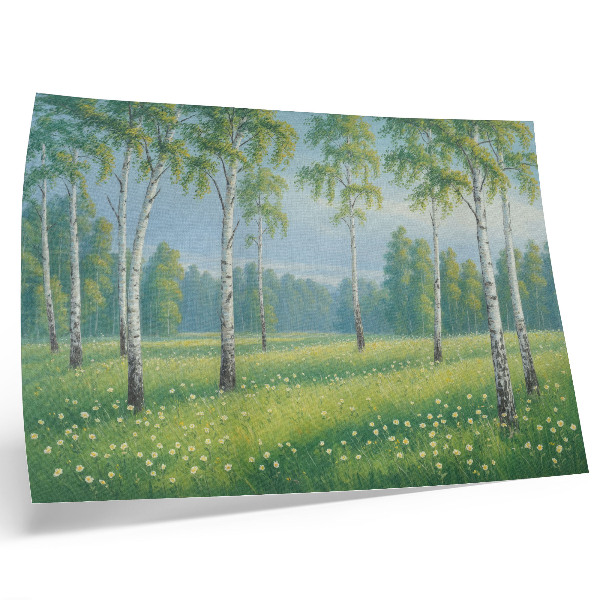 Stijlvolle wandposter Majestueuze berkenbomen, groene weidebloemen