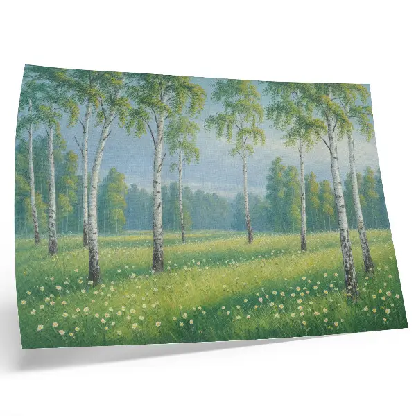 Wandposter majestueuze berkenbomen met groene weidebloemen