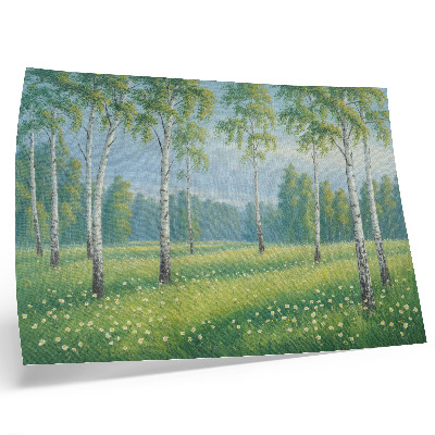 Stijlvolle wandposter Majestueuze berkenbomen, groene weidebloemen
