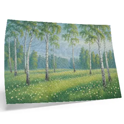 Wandposter majestueuze berkenbomen met groene weidebloemen