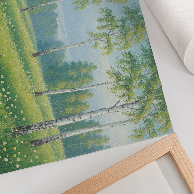 Stijlvolle wandposter Majestueuze berkenbomen, groene weidebloemen