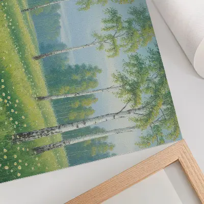 Wandposter majestueuze berkenbomen met groene weidebloemen