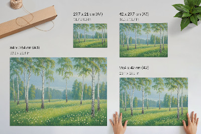 Stijlvolle wandposter Majestueuze berkenbomen, groene weidebloemen