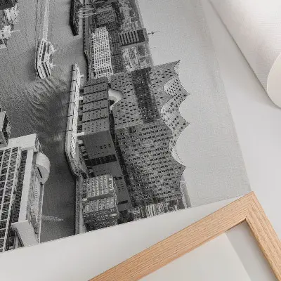Moderne decoratieve poster iconische architectuur bij de stadsrivier