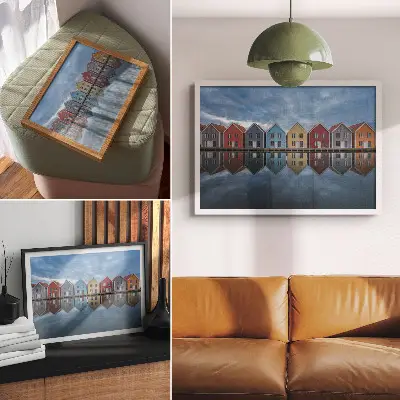 Moderne decoratieve poster met symmetrische kleurrijke huizen