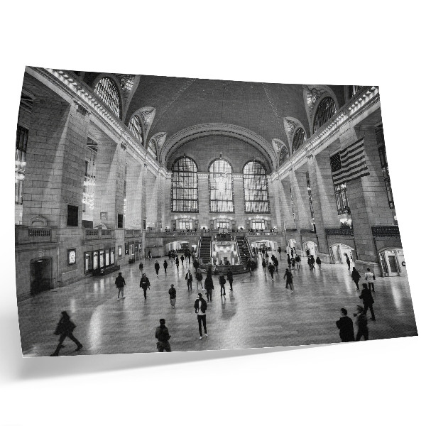 Moderne decoratieve poster Elegant interieur met grote ramen en een centrale trap.