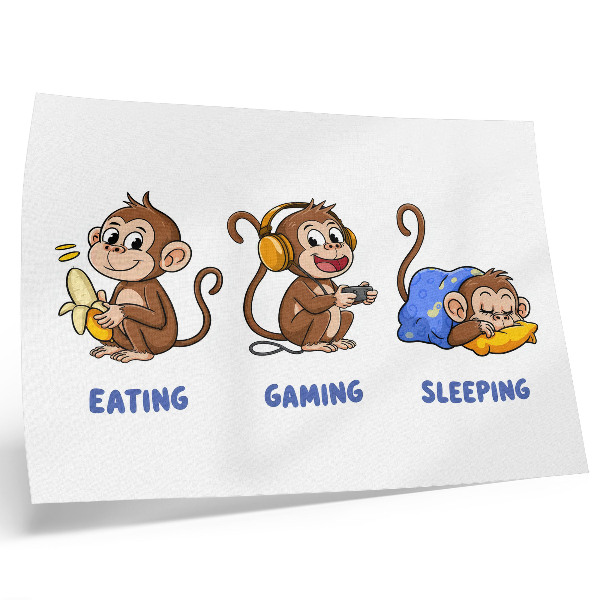 Poster Grappige illustraties van een aap die eet, speelt en slaapt.