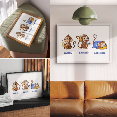 Poster Grappige illustraties van een aap die eet, speelt en slaapt.