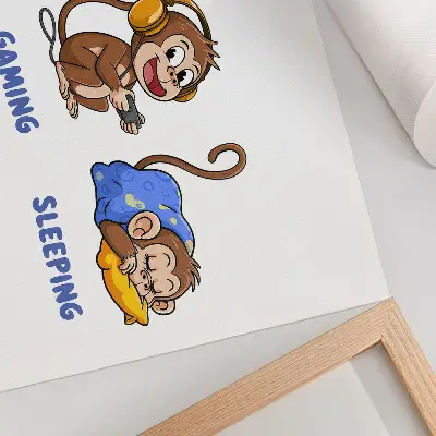 Poster met grappige aapillustraties aap die eet, speelt en slaapt