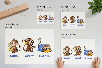 Poster Grappige illustraties van een aap die eet, speelt en slaapt.