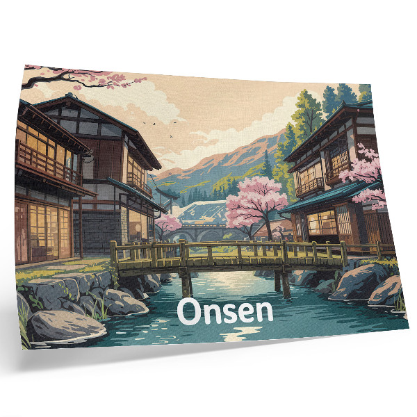 Moderne decoratieve poster Landschap met Japanse architectuur en kersenbomen