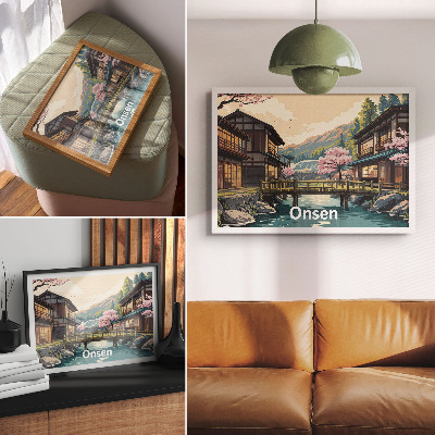 Moderne decoratieve poster Landschap met Japanse architectuur en kersenbomen